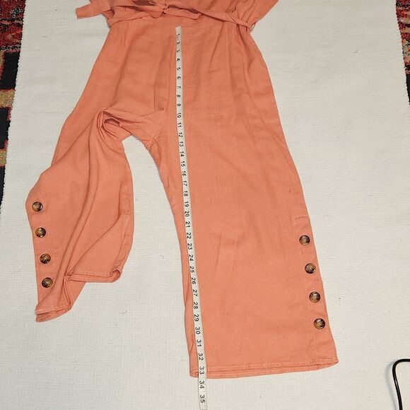 Kenzie orange linen blend v-neck dropped shoulder jumpsuit. - Picture 6 of 9
